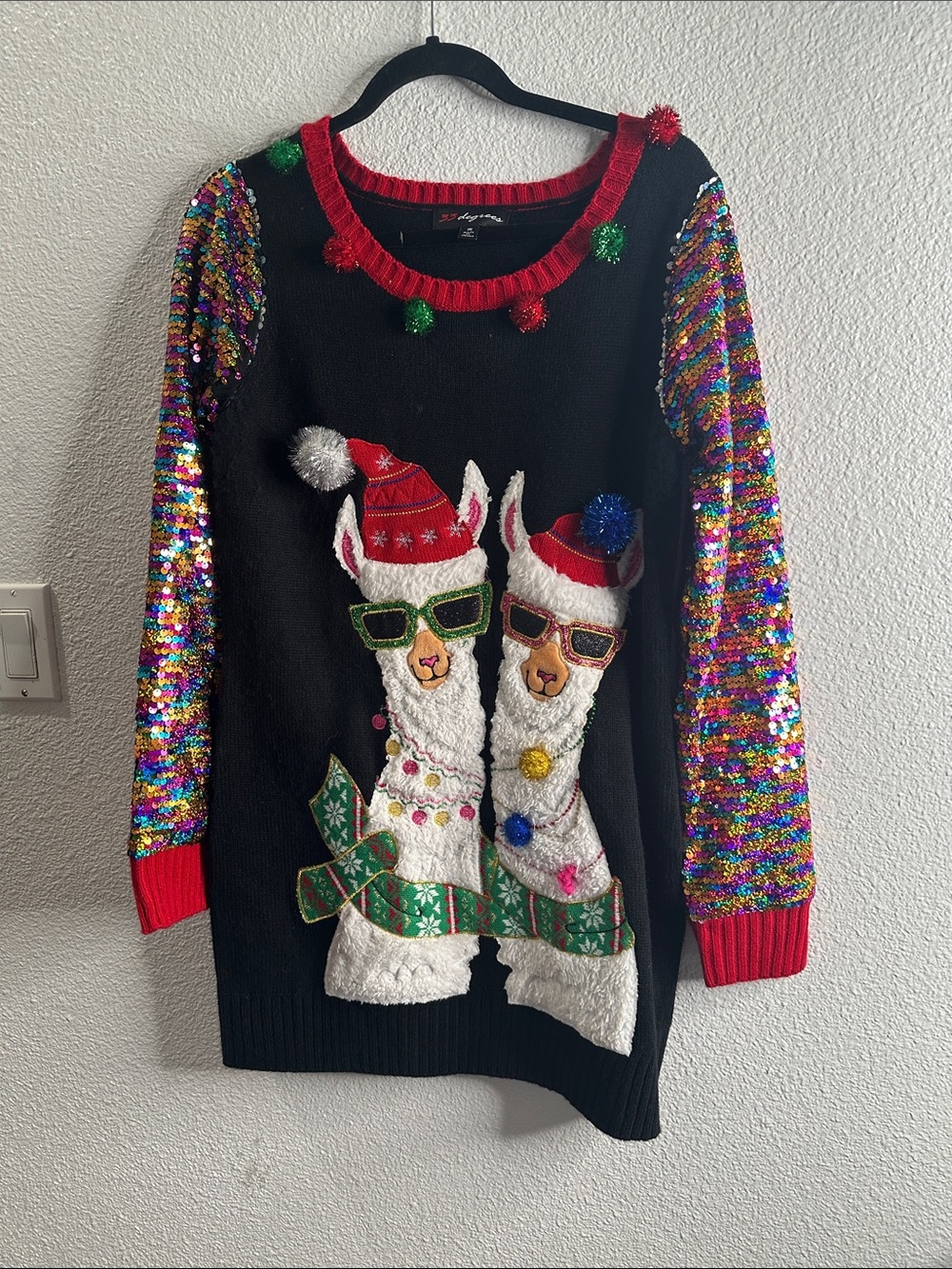 33 degrees Festive Black Llama Sequin Sleeve Holiday Sweater size M